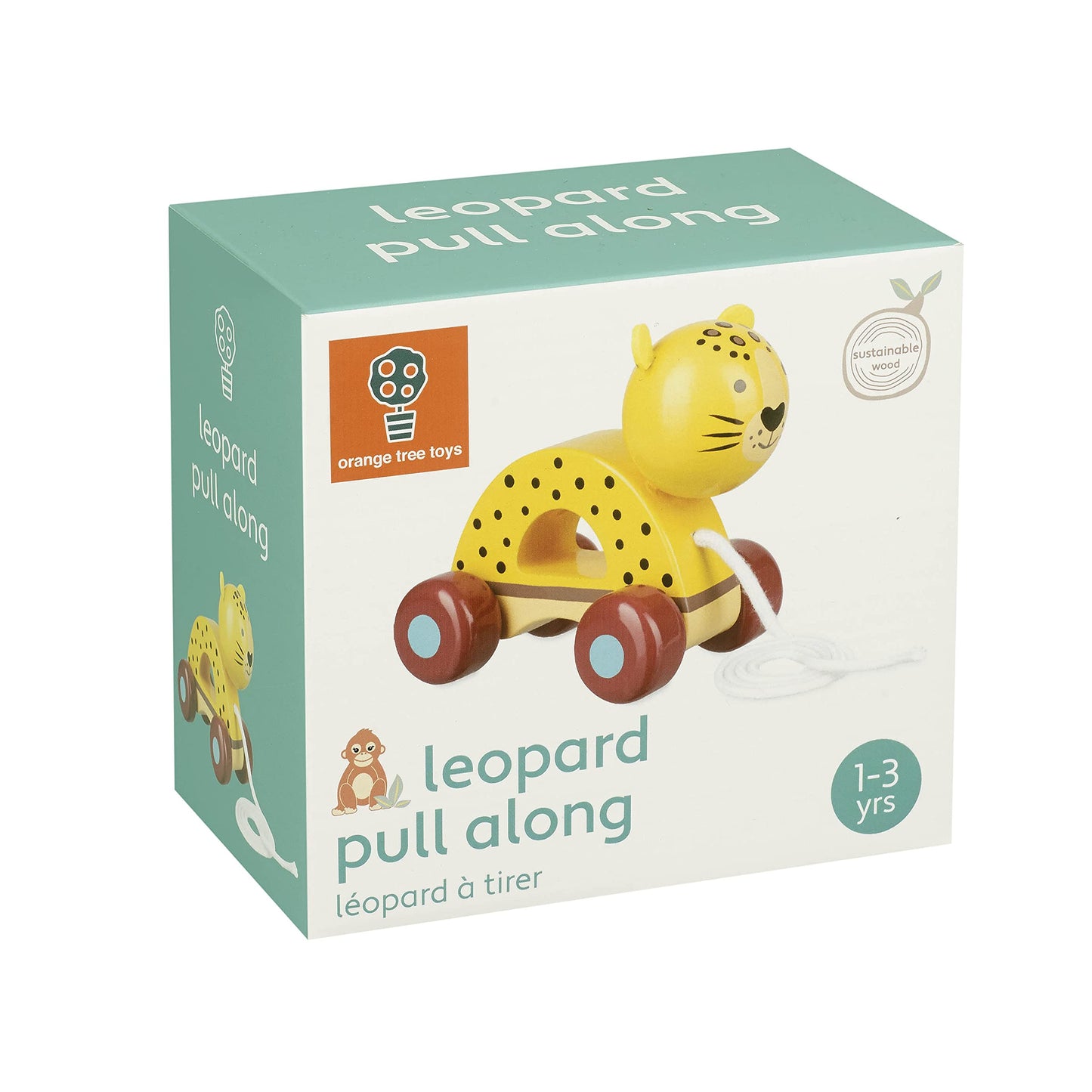 Orange Tree Toys: Pull Along: Leopard - Wooden Toy, Colorful Wheeled Character, Push-Pull, Encourage First Steps, FSC Certified,