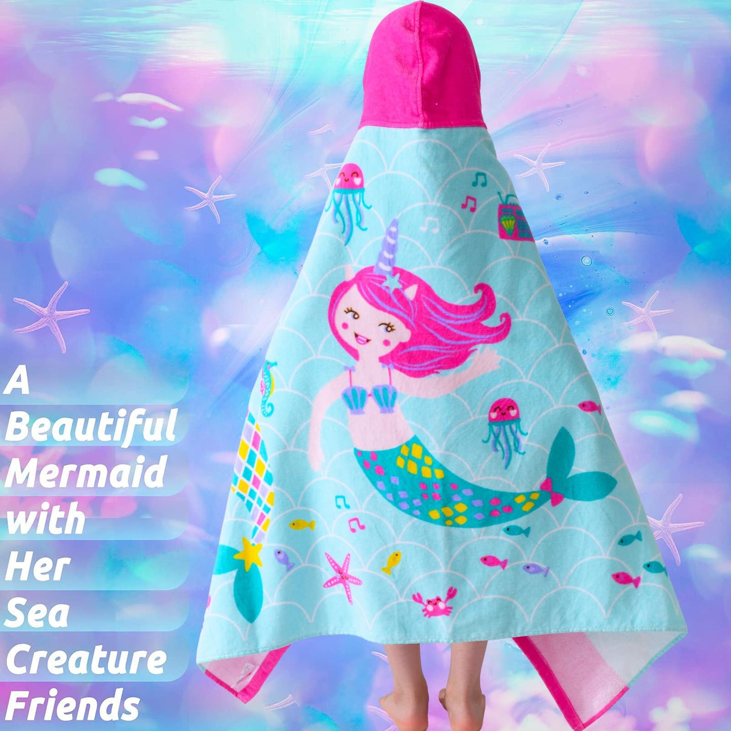 Voova & Movas Hooded Beach Towels For Kids | Soft Thick Absorbent Cotton Beach | Pool | Bath Towels For Ages 3-10, Narwhal Whale