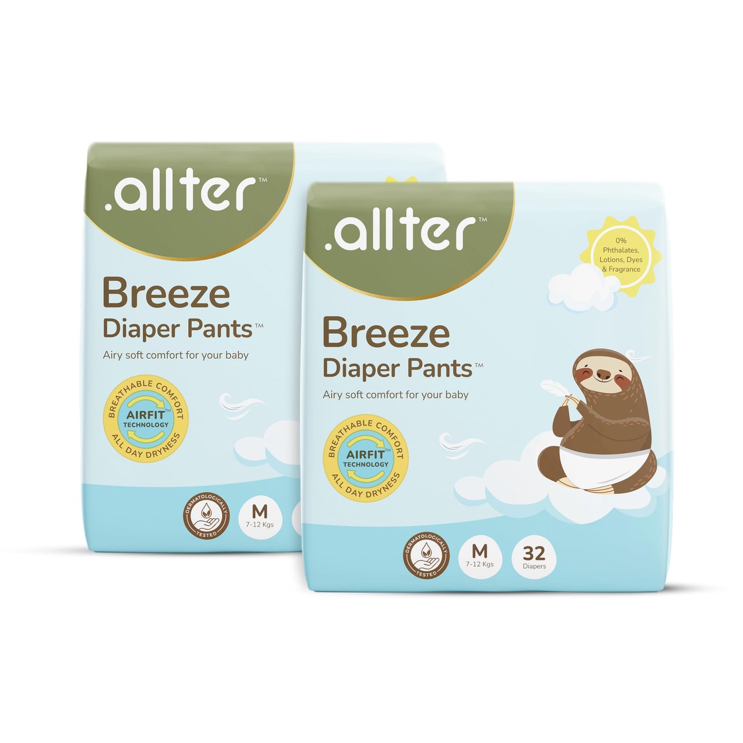 .Allter Breeze Baby Diaper Pants  M Size (712 Kgs) | 64 Count, Pack Of 2 | Airfit Technology For Breathable Comfort | Dermat T