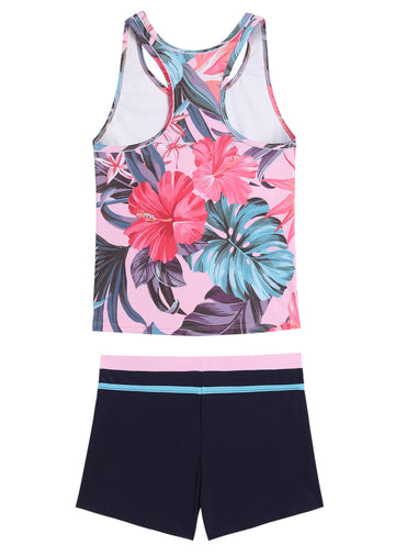Proallo Girls Bathing Suits Two Piece Vest Style Swimsuit With Boyshort Tankini Swimwear Hibiscus