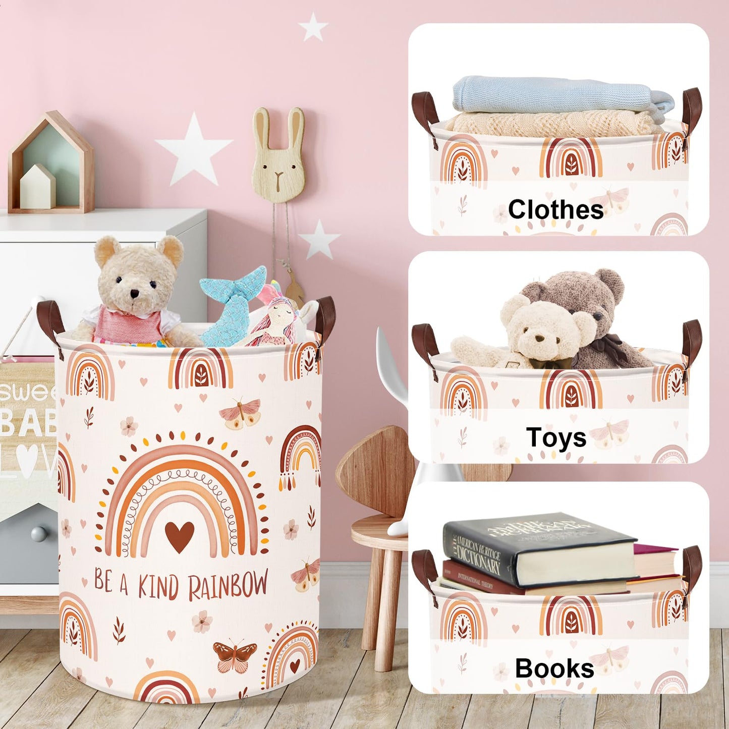 Clastyle 63L Boho Rainbow Laundry Basket For Girl Heart Butterfly Pink Kids Dirty Clothes Nursery Hamper Large Clothes Toys Stor