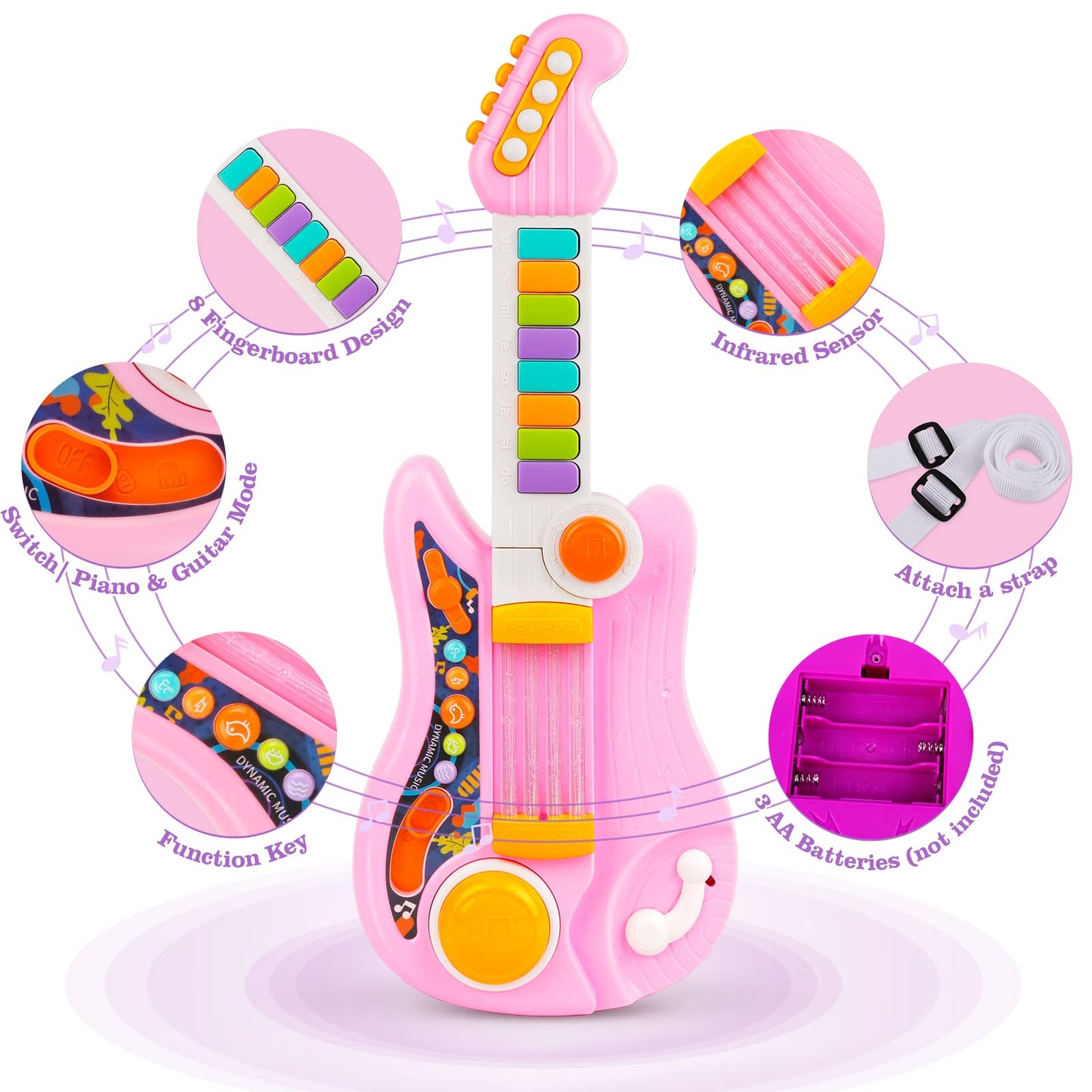 Kids Guitar, Perkidern Kids Electric Guitar Toy Toddler Guitar with Piano Mode Baby Guitar Children Guitar with Strap and Lights