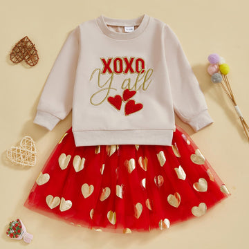 Toddler Baby Girl Valentines Day Outfit Red Love Heart Bow Sweatshirt And Tulle Tutu Skirts Set Cute Spring Clothes (Apricot Xox