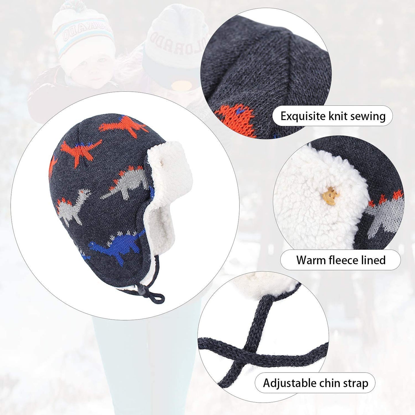 Century Star Baby Winter Fleece Lined Hat Knit Earflap Kids Caps Infant Toddler Boys Girls Beanie Hats Cartoons Dinosaurs 2-4T