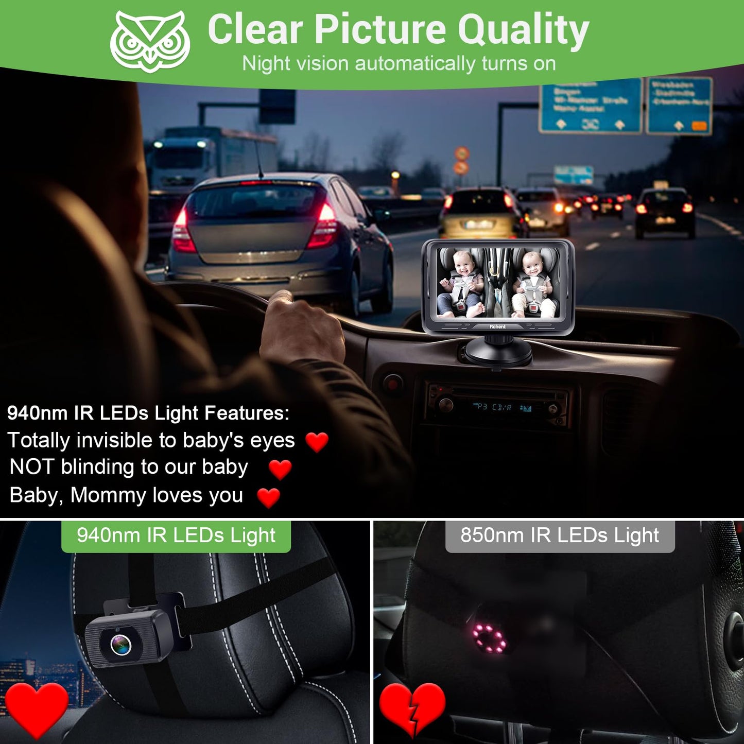 Rohent Baby Car Camera Hd 1080P For Backseat: Usb Plug And Play Easy To Install - Carseat Camera Rear Facing Infant Crystal Nigh