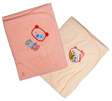 Sathiyas Akash 100% Cotton Embroidered Baby Towels  Pack Of 2 (Cream || Pink)