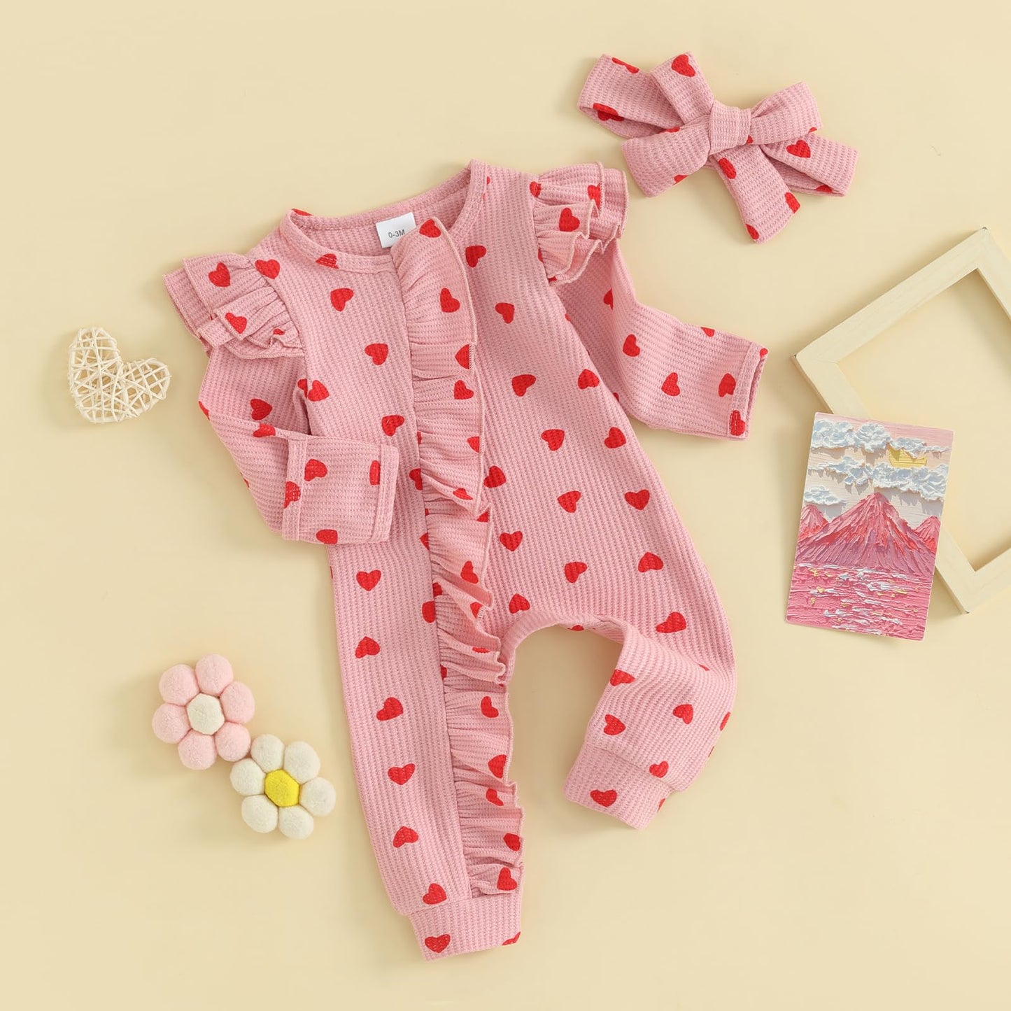 Ayalinggo Valentines Baby Girl Outfit Bowknot Heart Footie Romper Long Sleeve Onesie Newborn Christmas Clothes (Love Heart, 3-6