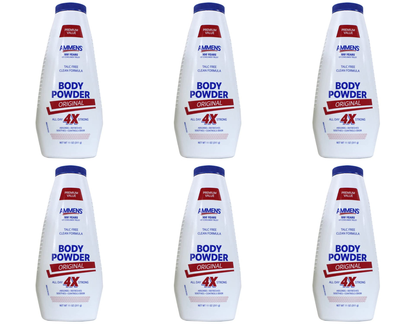 Ammens Body Powder Original - Talc-Free Clean Formula, All-Day 4X Strong Protection, 11 Oz (Pack Of 6)