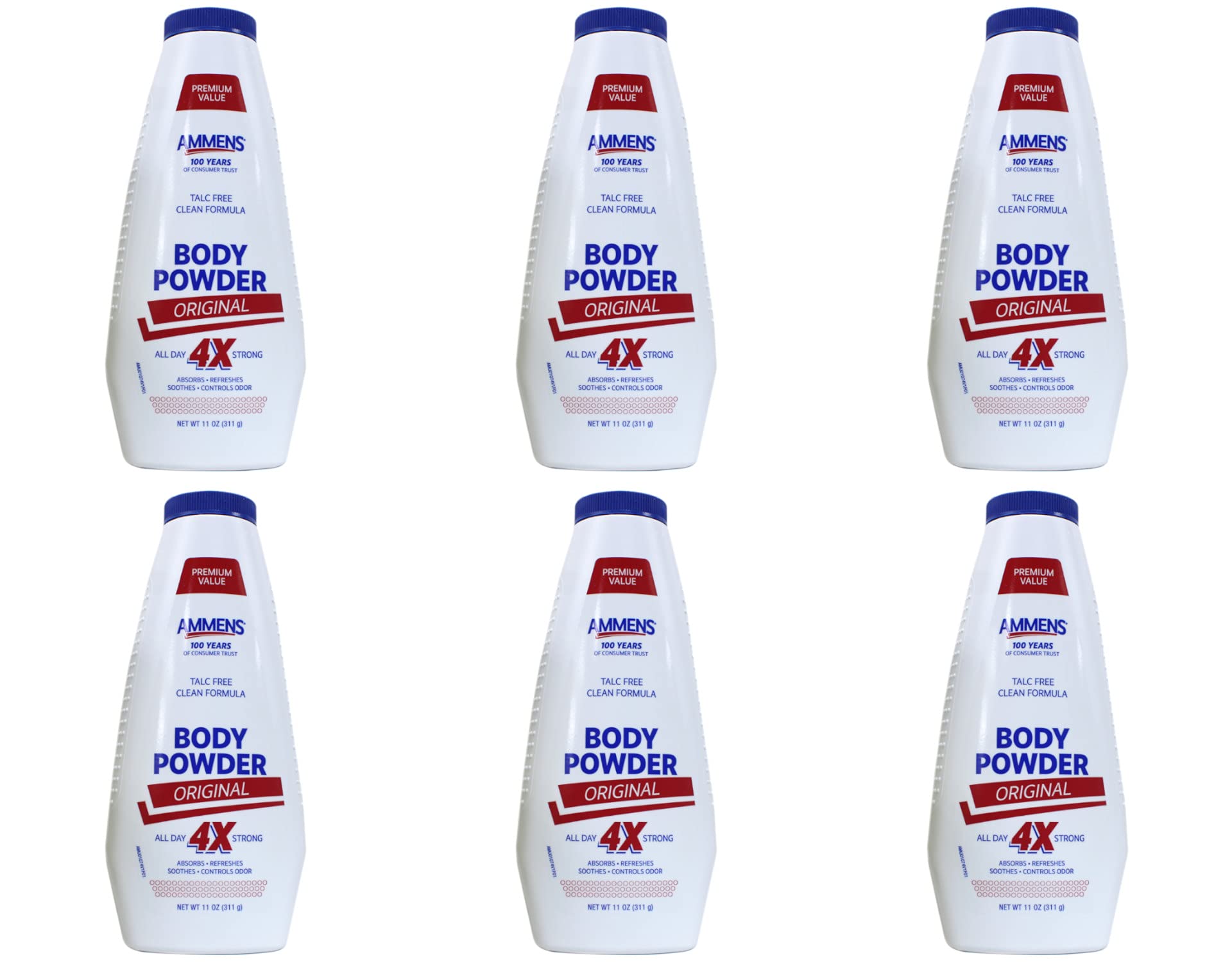 Ammens Body Powder Original - Talc-Free Clean Formula, All-Day 4X Strong Protection, 11 Oz (Pack Of 6)