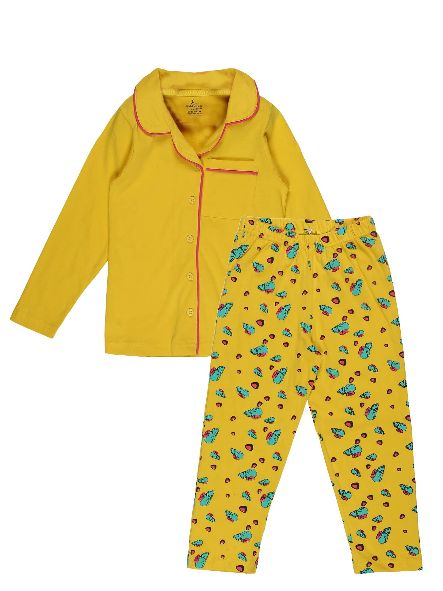 KiddoPanti Girls Front Open Shirt & AOP Pyjama Set, Yellow, 34Y
