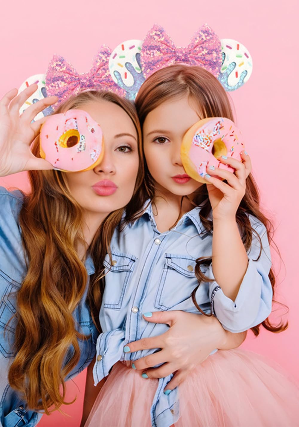 Lifetools-Lt Blue Ears Headbands With Pink Bow & Shiny Sequins & Doughnut, For Women Disneyland Costume Christmas Cosplay Glitte