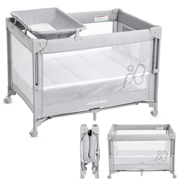 ANGELBLISS Baby Bassinet Bedside Crib, Pack and Play with Mattress, Diaper Changer, One-Push Setup Playards from Infants to Todd