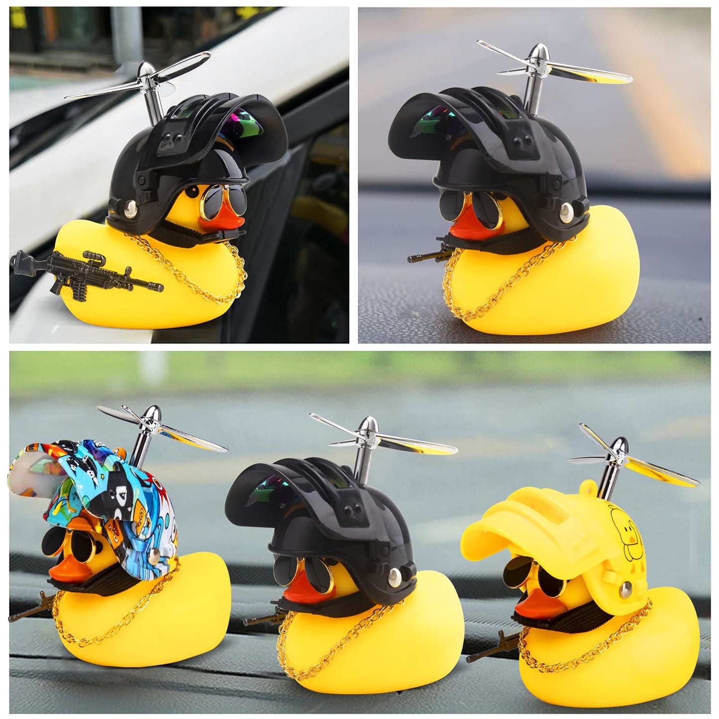 wonuu Rubber Duck Car Ornaments Cool Yellow Duck Car Dashboard Decorations Squeaky Glasses Duck with Propeller Helmet for Car cc
