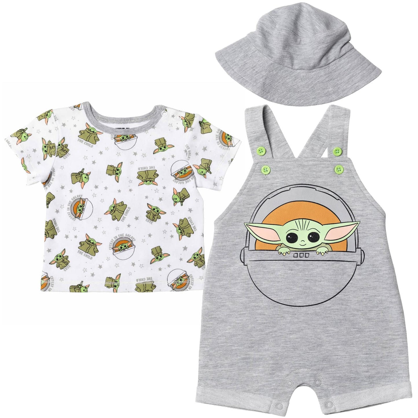 Star Wars The Child Newborn Baby Boys Short Overalls T-Shirt And Hat 3 Piece Outfit Set Grogu Gray 6-9 Months