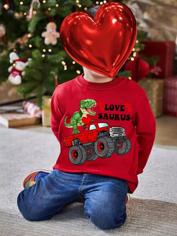 Ddsol Toddler Boys Valentines Day Sweatshirt Monster Truck Dinosaur Hug Heart Cotton Long Sleeve Shirt Pullover Love Saurus Kid