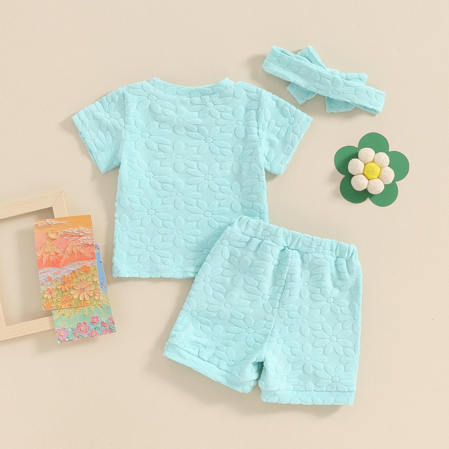 Toddler Baby Girls Daisy Chenille Patch Outfit Short Sleeve T-Shirt Shorts Headband 3Pcs Summer Clothes Set (Sky Blue, 18-24 Mon