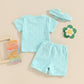 Toddler Baby Girls Daisy Chenille Patch Outfit Short Sleeve T-Shirt Shorts Headband 3Pcs Summer Clothes Set (Sky Blue, 6-12 Mont