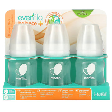 Evenflo Feeding Balance+ Bottles, Standard, 0+ Months, Slow Flow, 3 Bottles, 4 Oz (120 Ml)