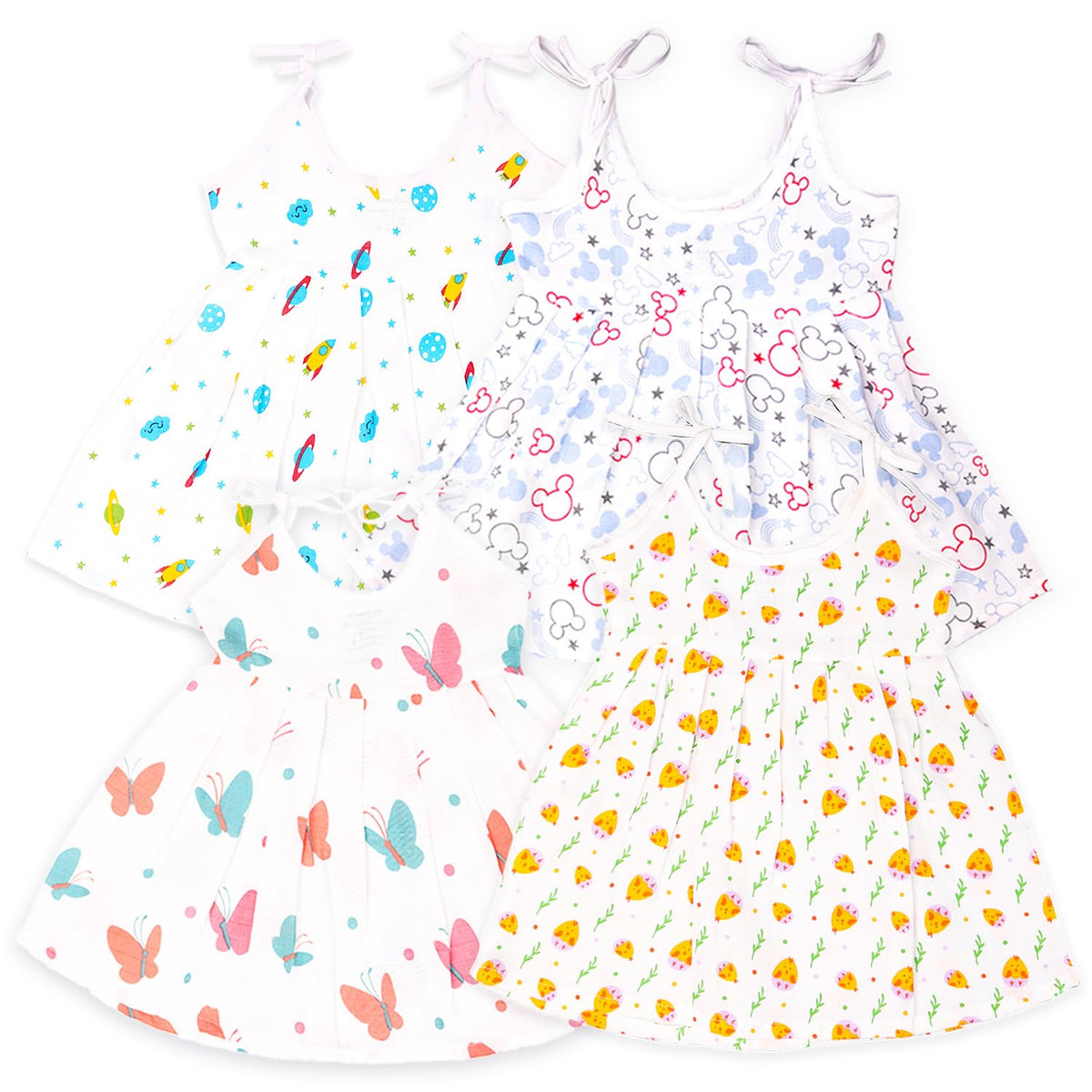 Kidbea Extra Soft Muslin Cotton Frock For Baby Girl | Space, Mickey, Cute Chick And Butterfly Print For 0 To 3 Months | Packof 4