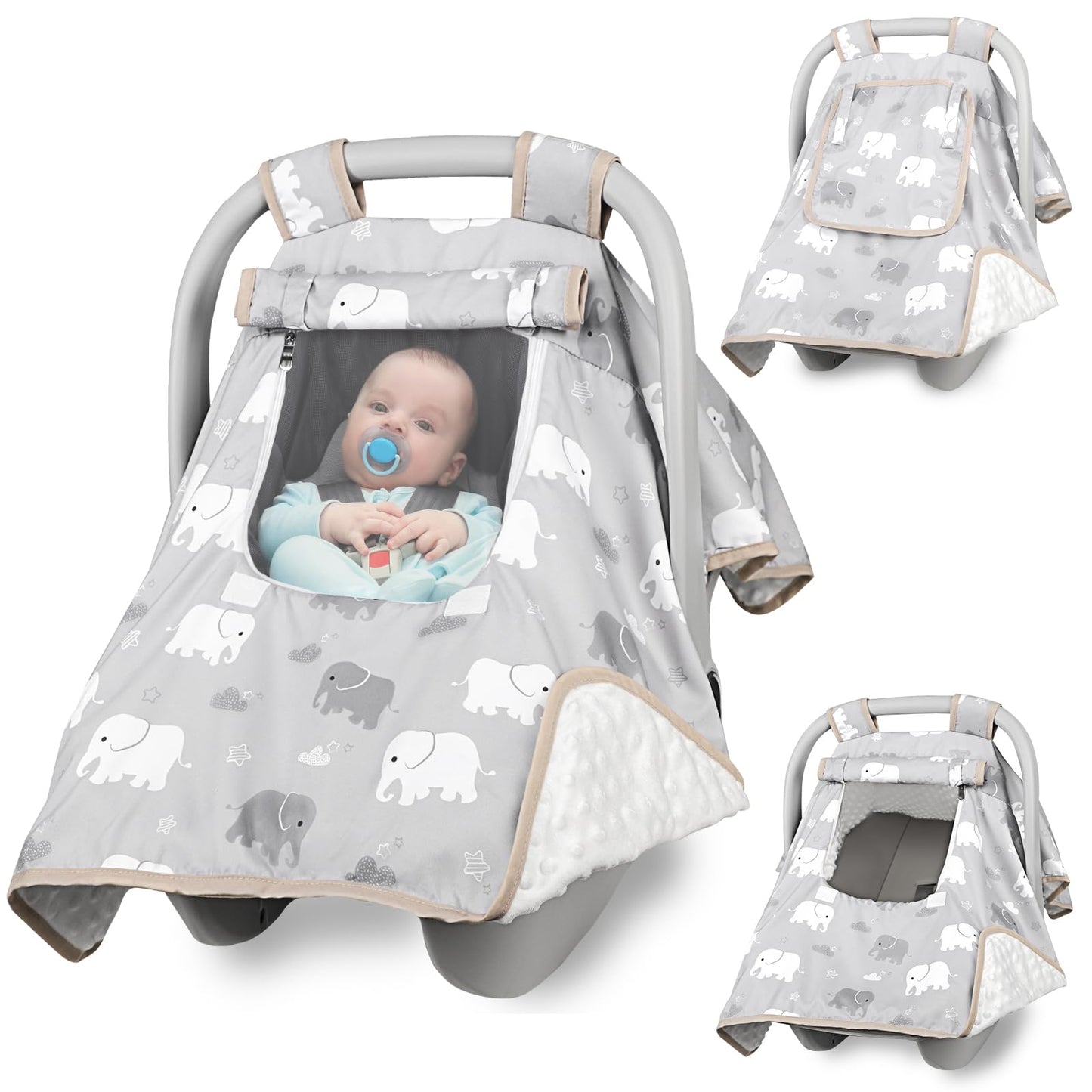 Baby Carseat Seat Cover Boys, Winter Carseat Canopy, Cozy & Warm Cover with Zipper Peep Windows, Infant Minky Carrier Cover, Sof