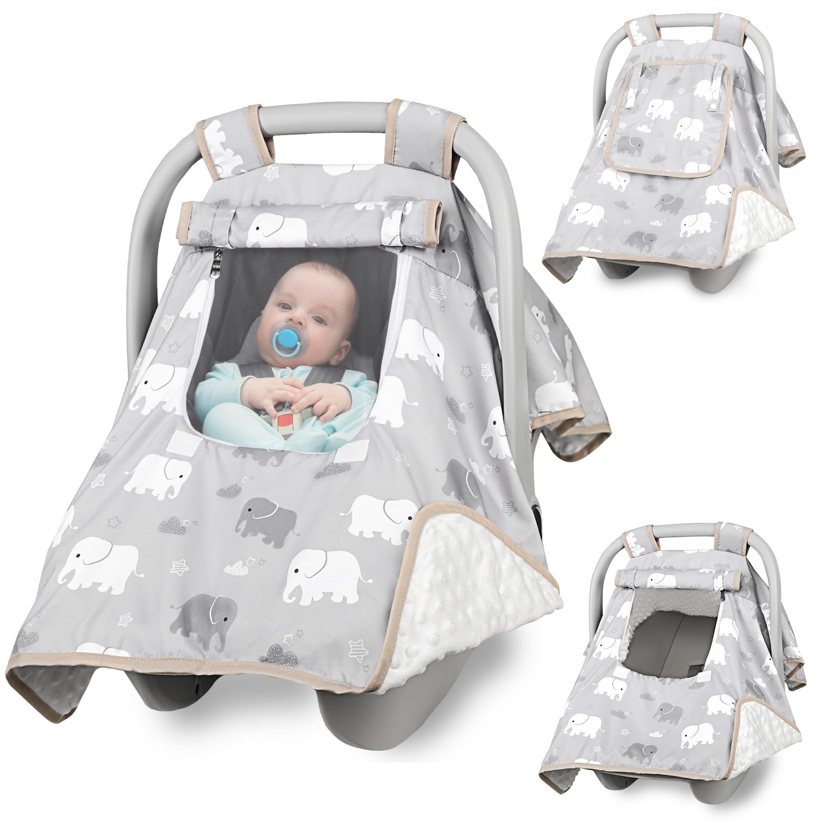 Baby Carseat Seat Cover Boys, Winter Carseat Canopy, Cozy & Warm Cover with Zipper Peep Windows, Infant Minky Carrier Cover, Sof