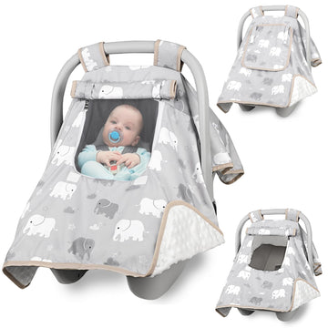Baby Carseat Seat Cover Boys, Winter Carseat Canopy, Cozy & Warm Cover with Zipper Peep Windows, Infant Minky Carrier Cover, Sof