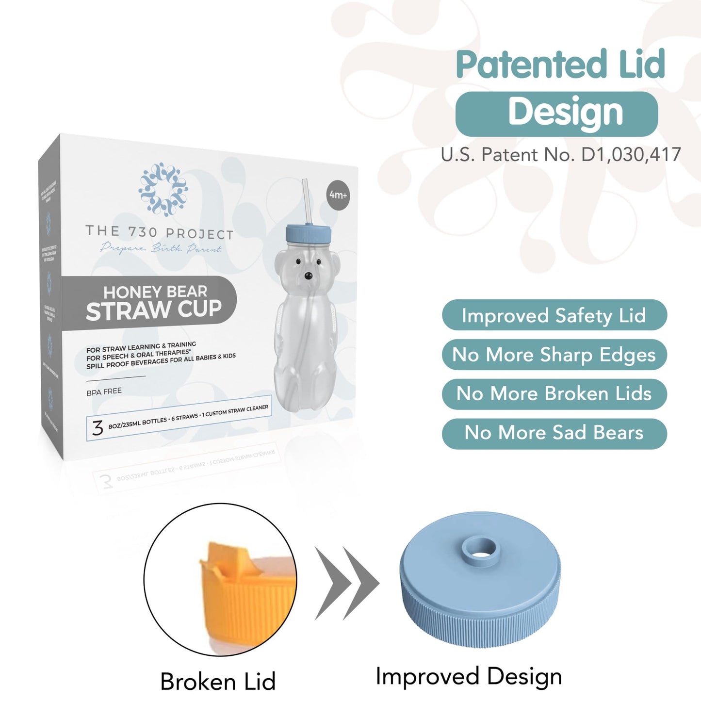 The 730 Project Honey Bear Straw Cup For Babies, 8-Oz Honey Bear Cup With Lid, 3-Pack Therapy Learning Honeybear Straw Cup, Baby
