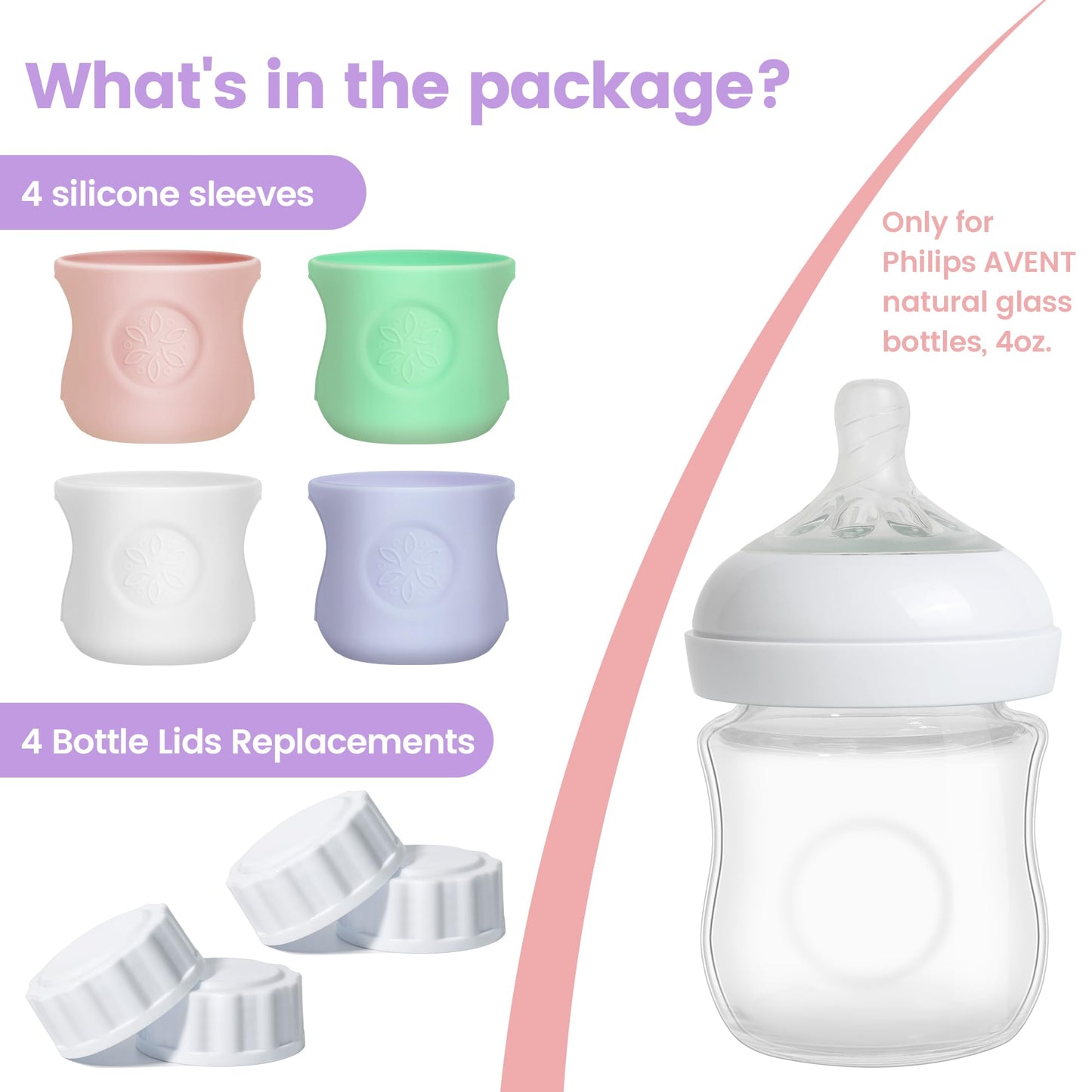 Joxodak 4 Pack Silicone Sleeves For Philips Avent Natural Bottle, Food Grade Silicone Cover And 4Pcs Travel Caps, Lids Replaceme