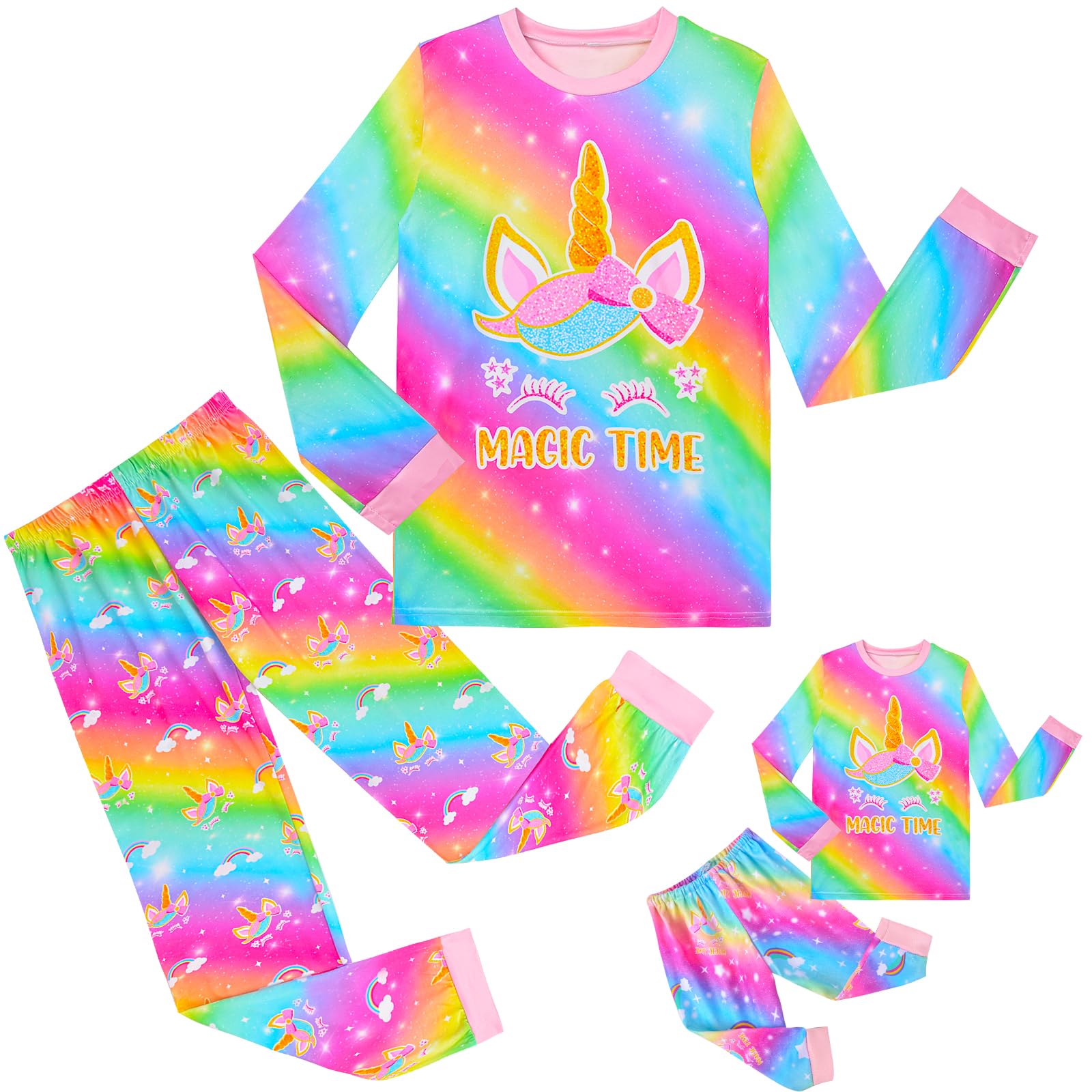 Sylfairy Girls Pajamas Set Matching Doll Pjs Toddler Kids Sleepwear Christmas Clothes Gift, Rainbow, 34T