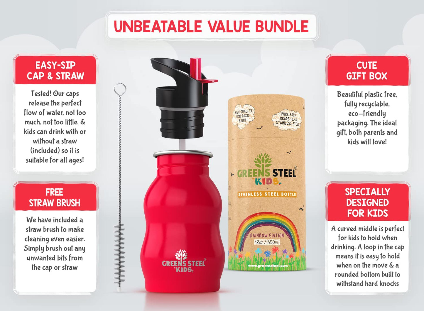 Kids Water Bottle With Straw & Handle, 12 Oz Red - Eco Friendly Toddler Cups With Straws - Easy Sip Metal Water Bottle For Kids