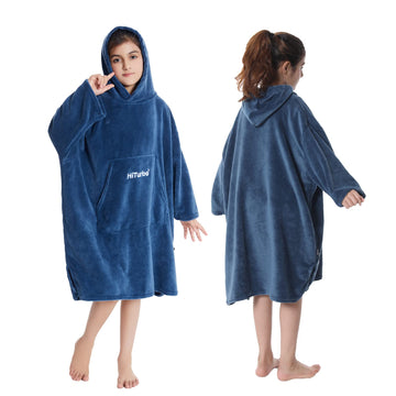 Hiturbo Kids Towel Changing Robe: Soft Plush Wearable Blanket - Warm Coral Fleece Hoodie - Swim Surf Poncho For 5-12 Years (Navy