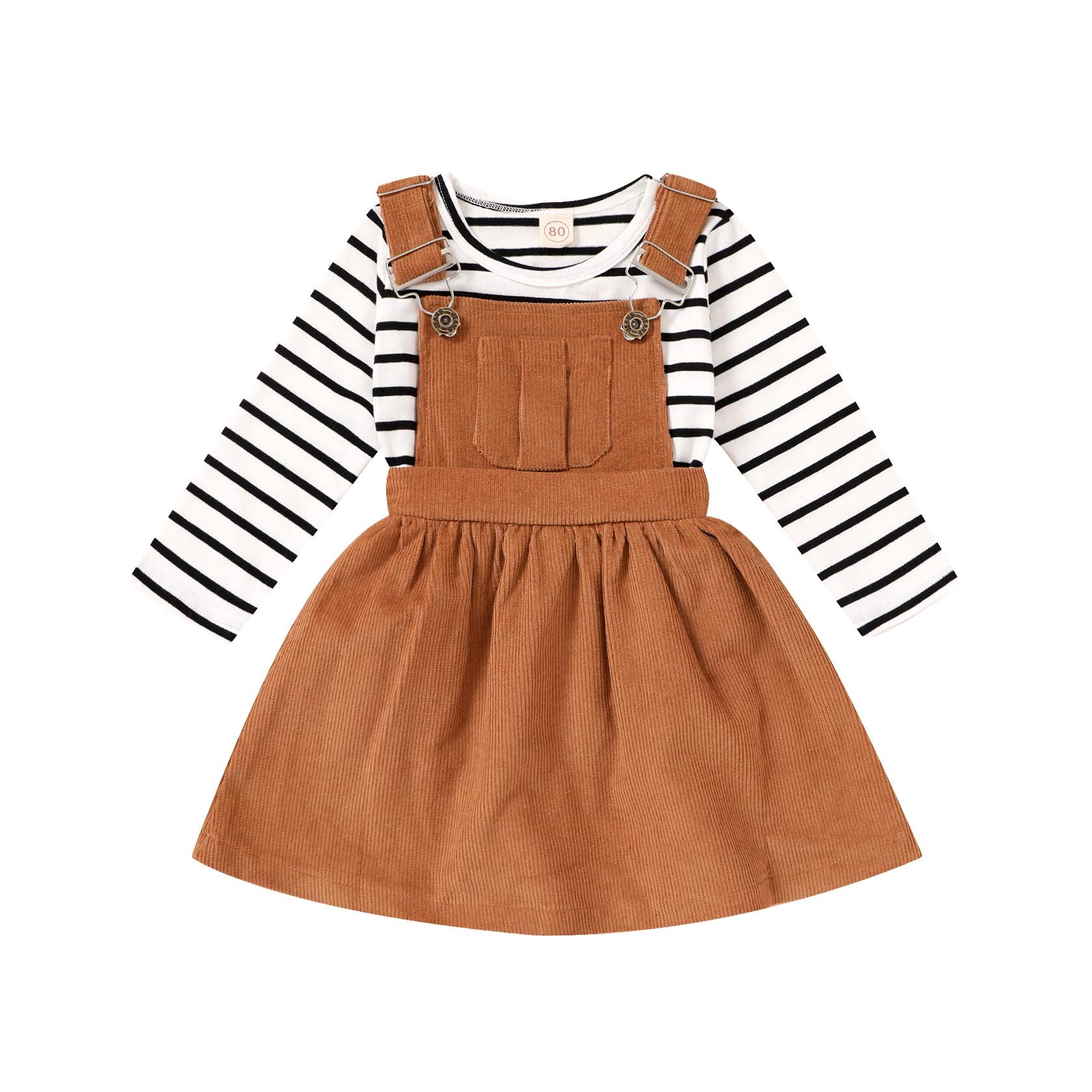 Younger Tree Toddler Baby Girl Fall Outfit Long Sleeve Stripe T-Shirt And Strap Dress Overall With One Pocket Clothes Sets (Brow