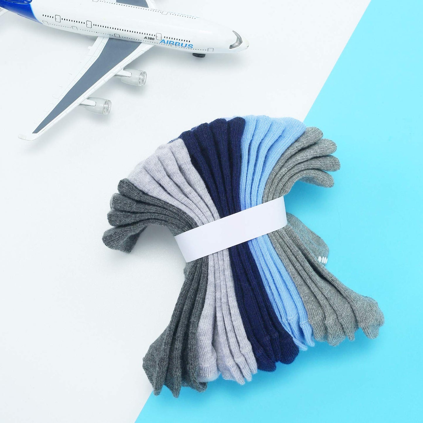 Jakidar 12 Pairs Baby Socks Cotton Crew Toddler Socks Grips Non Slip Bottom Kids Socks, Blue 6-12M