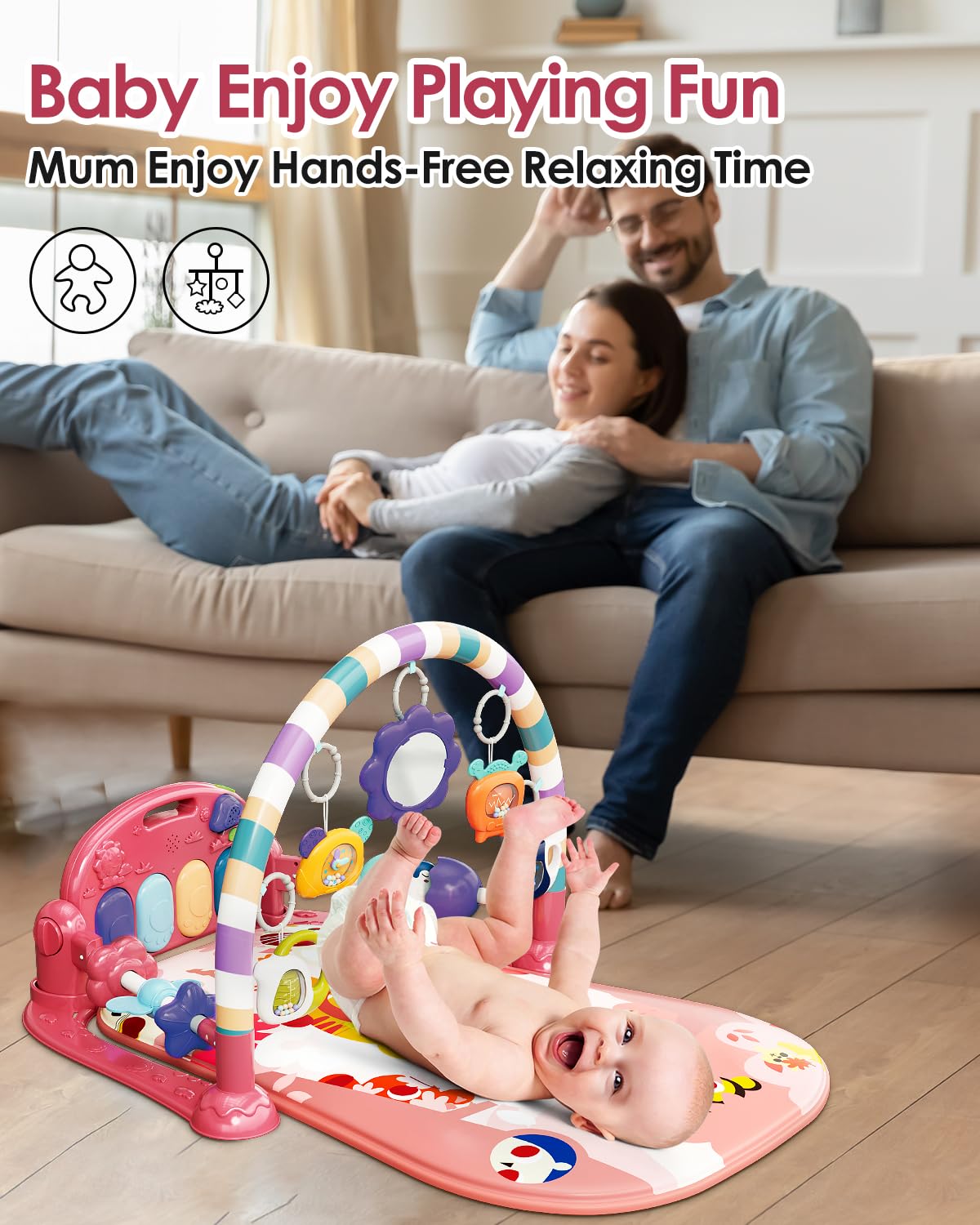 Dearlomum Baby Play Mat Baby Gym,Funny Play Piano Tummy Time Baby Activity Mat With 5 Infant Sensory Baby Toys, Music And Lights