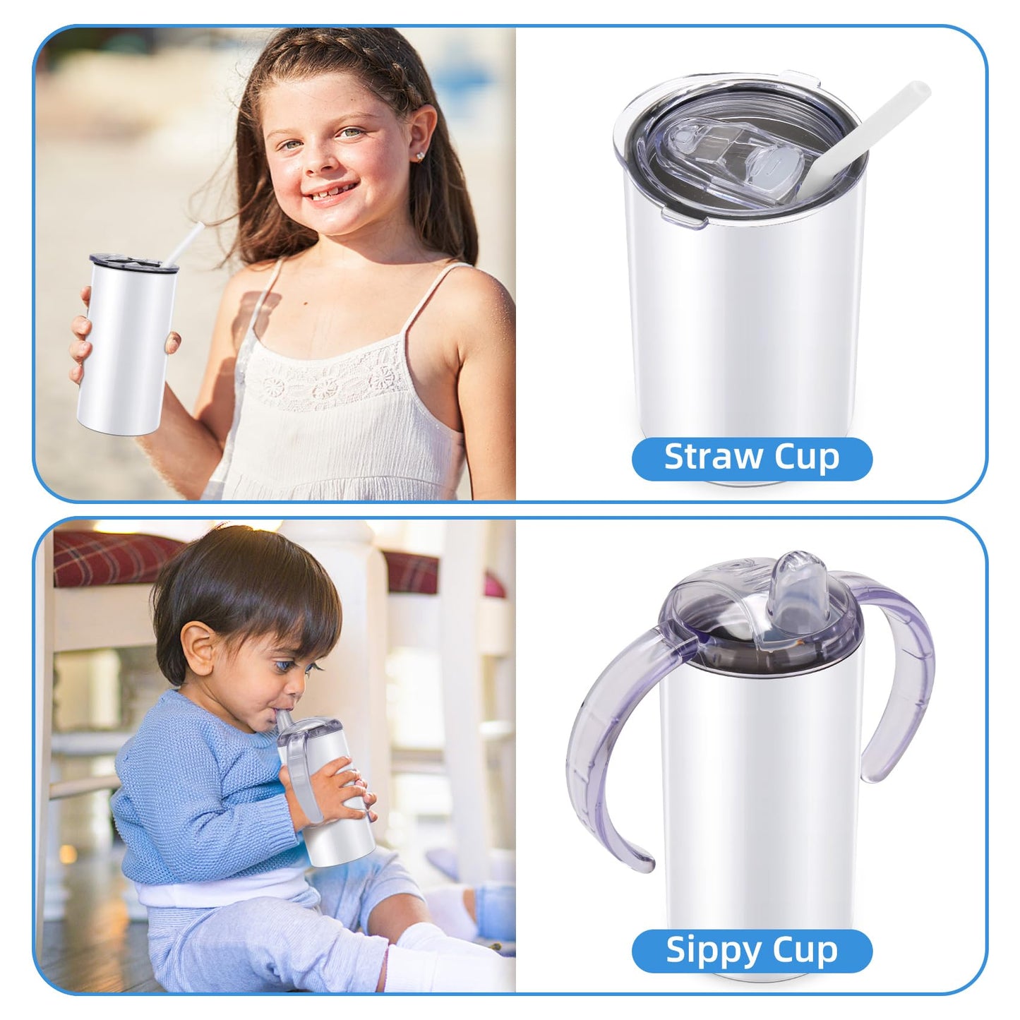 Rommeka Sublimation Sippy Cup Blank, 4 Pack 12Oz Kids Sublimation Tumblers With Straws, Insulated Straight Tumbler With Handle A