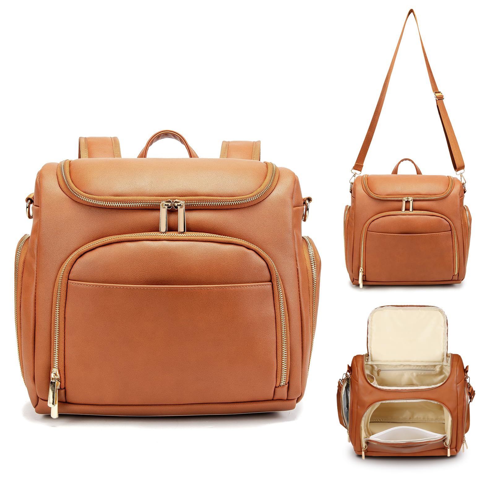 Leather Diaper Bag Backpack With Changing Pad - Multi-Function Large Capacity Baby Bag With Adjustable Shoulder Strap & Stroller