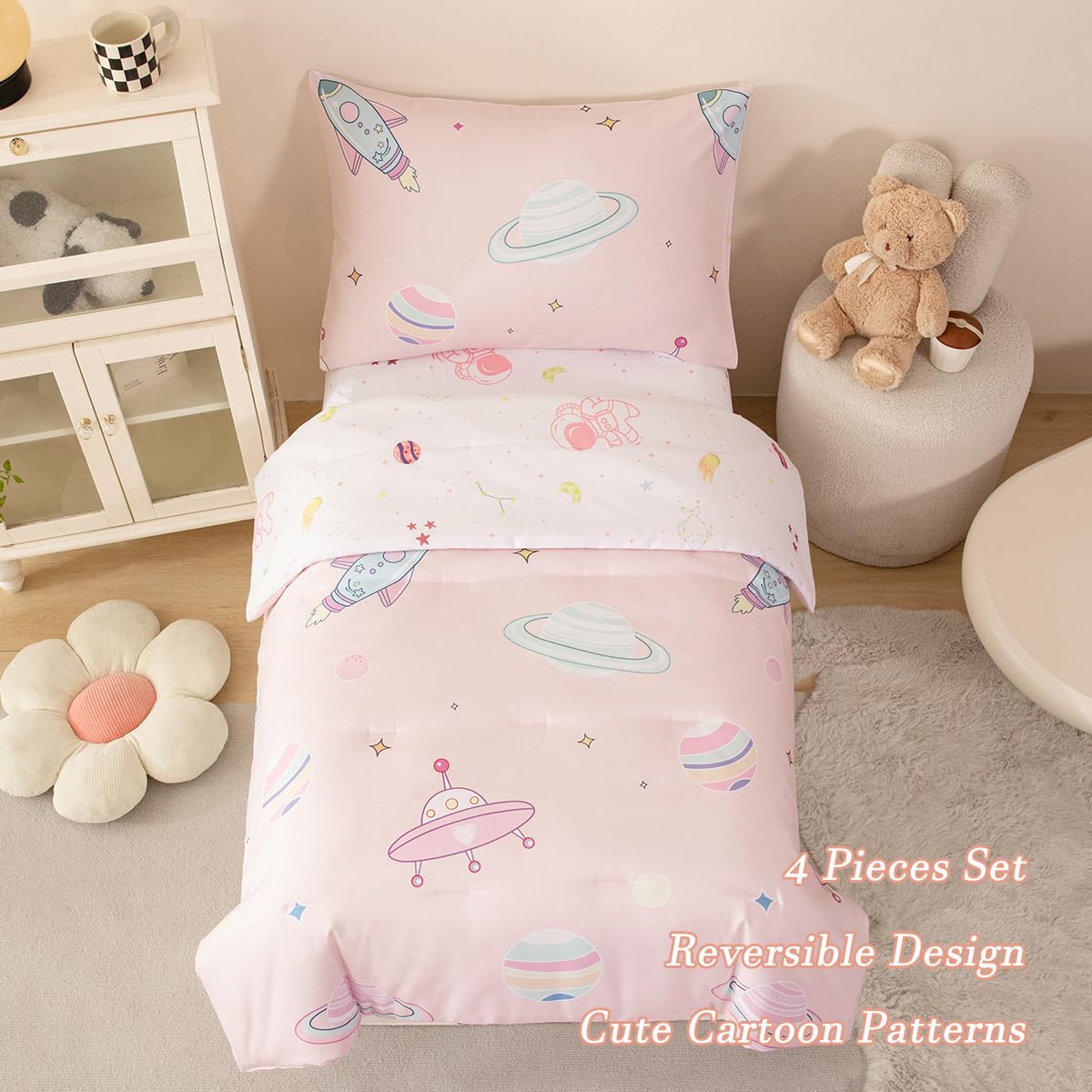 Perfemet 4 Piece Toddler Girl Bedding Set Space Theme Pink Toddler Bed Set With Sheets Soft Reversible Astronaut Planets Toddler