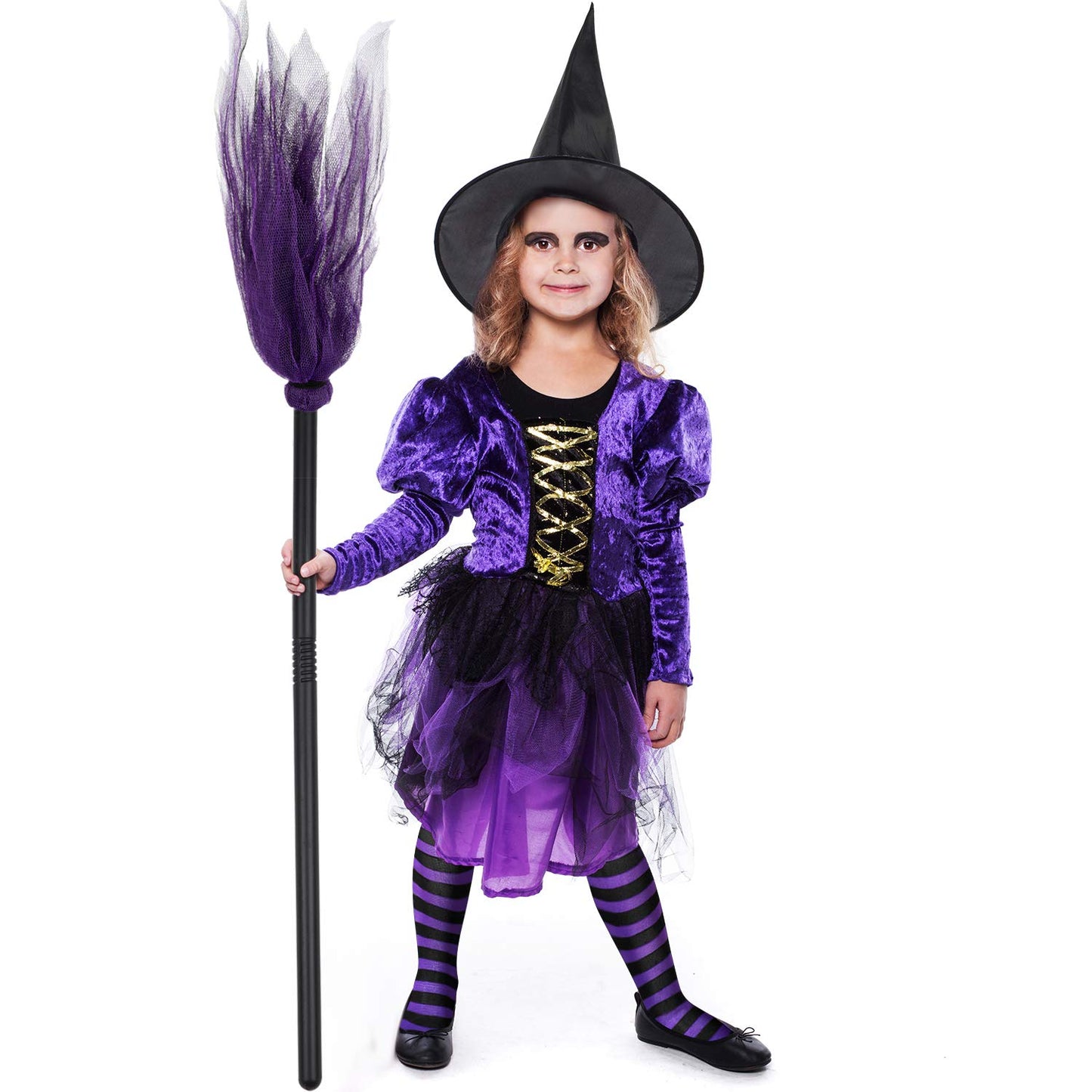 Halloween Witch Costume Accessories Set Witch Broom Plastic Broomstick Black Witch Hat Striped Tights For Halloween Party (Purpl