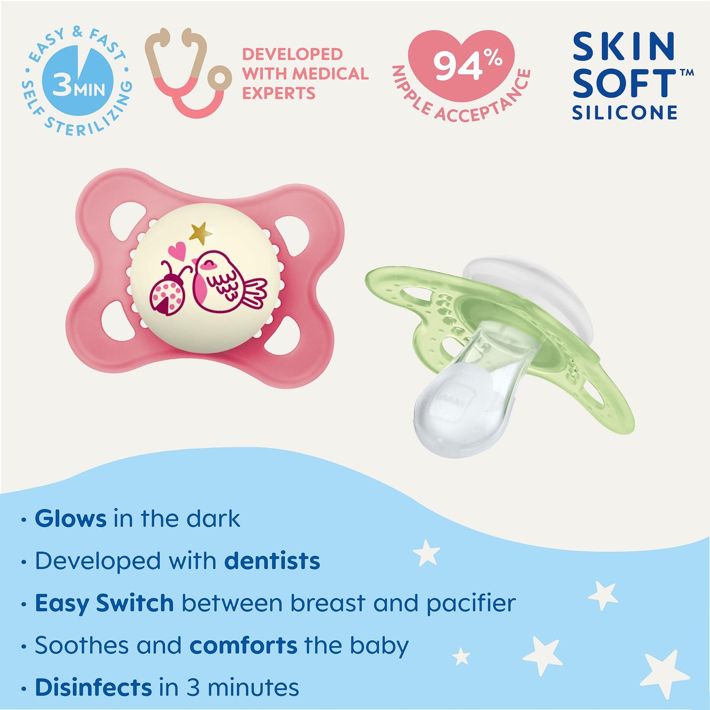 Mam Night Pacifiers (2 Pack, 1 Sterilizing Pacifier Case), Mam Pacifiers 0-6 Months, Best Pacifier For Breastfed Babies, Glow In