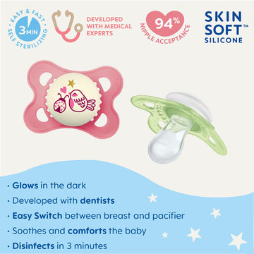 Mam Night Pacifiers (2 Pack, 1 Sterilizing Pacifier Case), Mam Pacifiers 0-6 Months, Best Pacifier For Breastfed Babies, Glow In