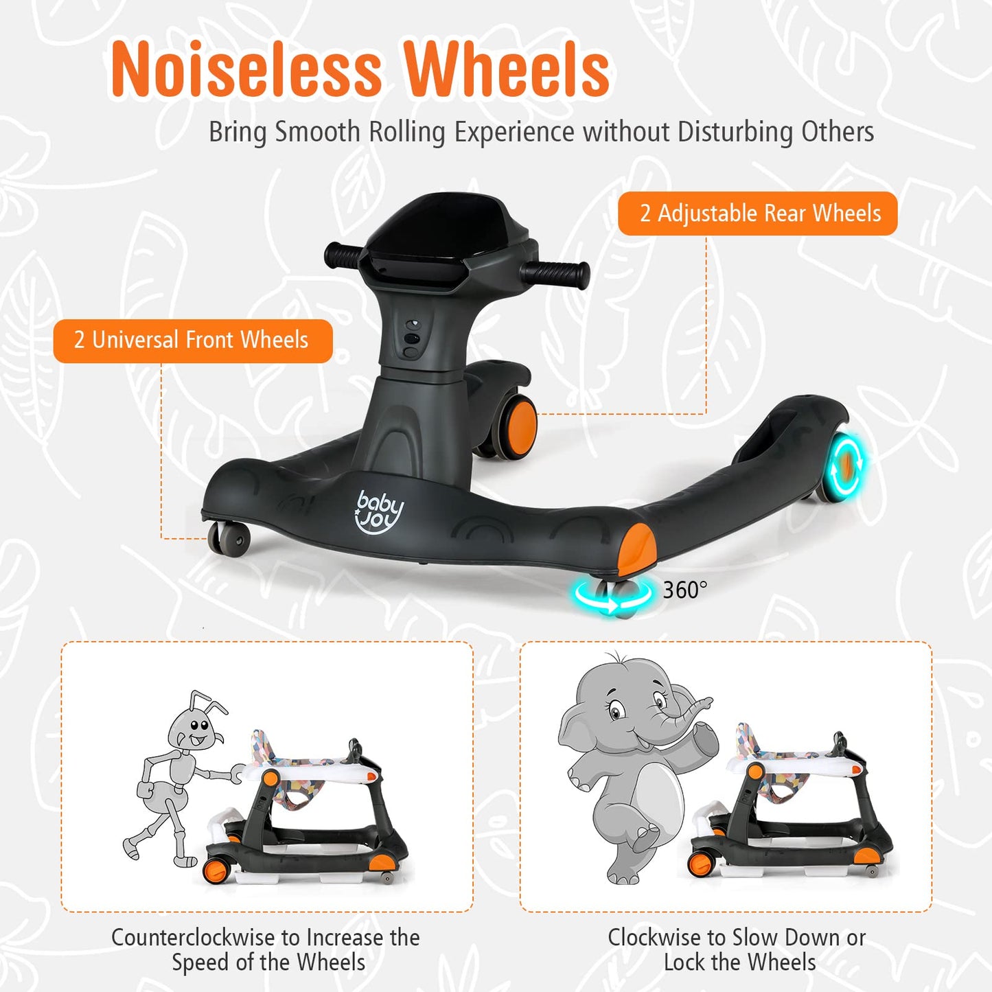 Baby Joy 2 In 1 Baby Walker, Foldable Activity Walker With Adjustable Height & Speed, Music, Lights, Mirrors, Padded Seat Cushio