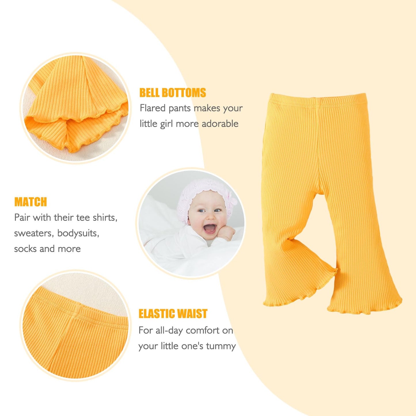 Sobowo 18-24 Month Girl Pants Toddler Baby Girl Flare Pants 3 Pack Solid Ribbed Ruffle Bell Bottoms Fall Outfits(White/Yellow/Li