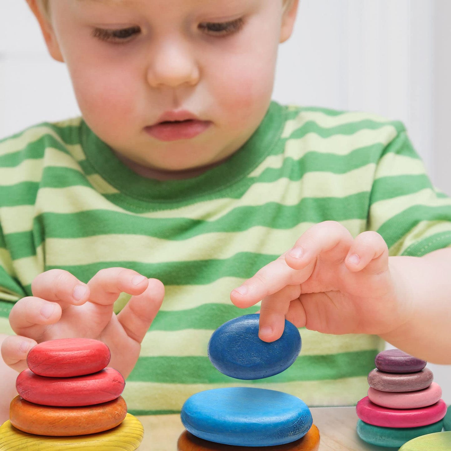 OESSUF 16pcs Extra-Large Wooden Stacking Rocks - Safe Montessori Toys for 1-3 Year Old, Waldorf Wooden Blocks for Toddlers 1-3,