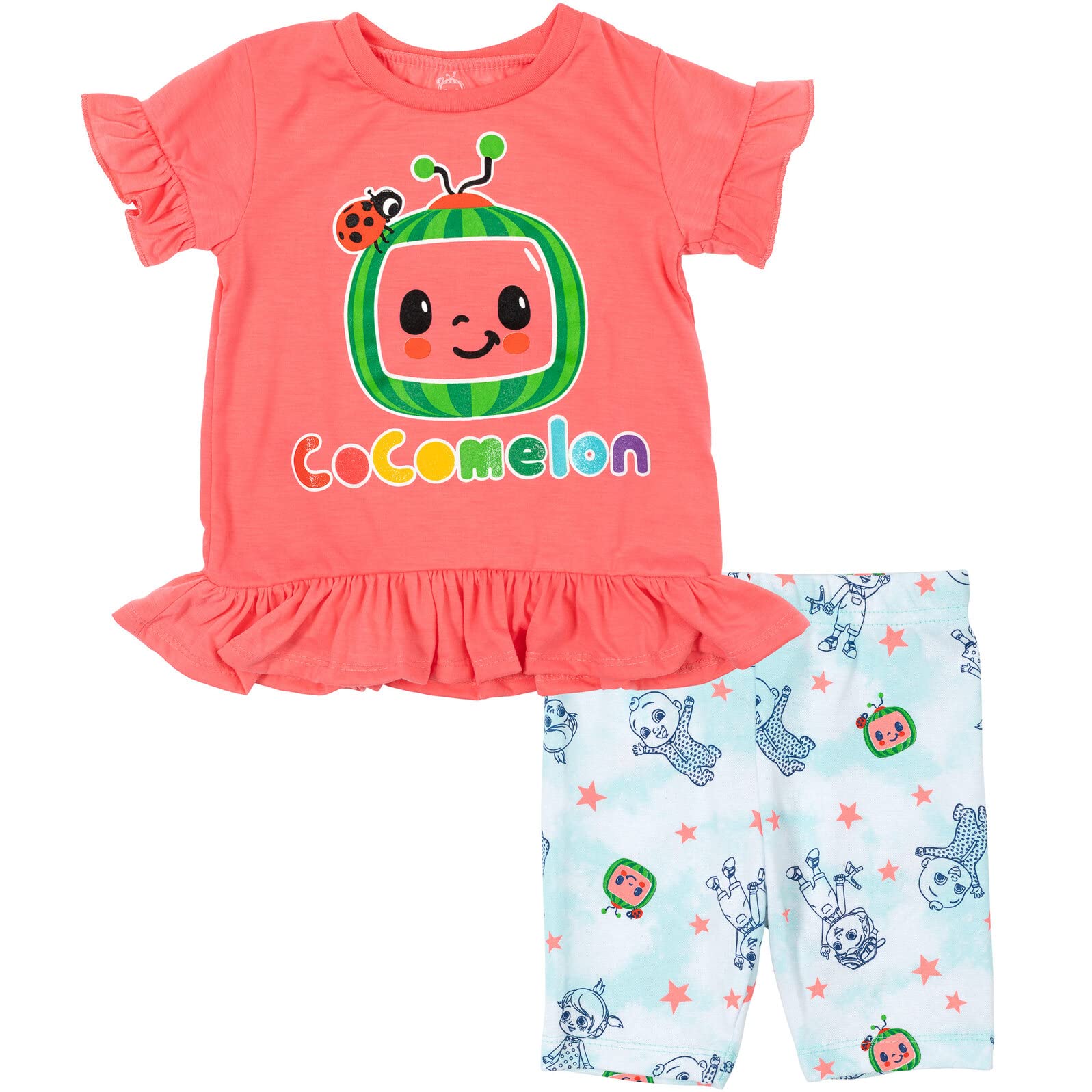 Cocomelon Jj Yoyo Tomtom Infant Baby Girls Peplum T-Shirt And Bike Shorts Outfit Set Pink 18 Months