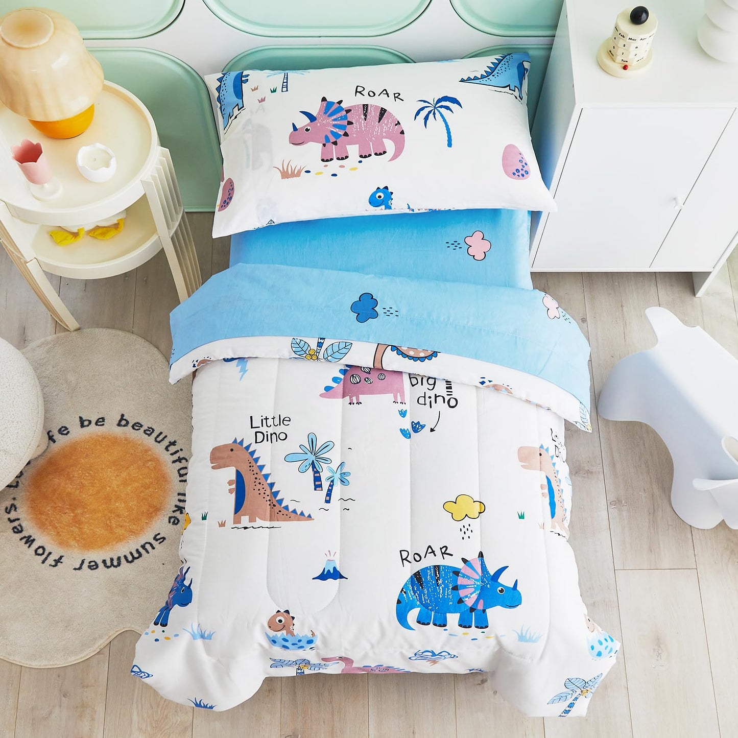 Joyreap 4 Piece Cotton Toddler Bedding Set, Colorful Dinosaurs On White Reversible Design, Includes Quilted Comforter, Fitted Sh