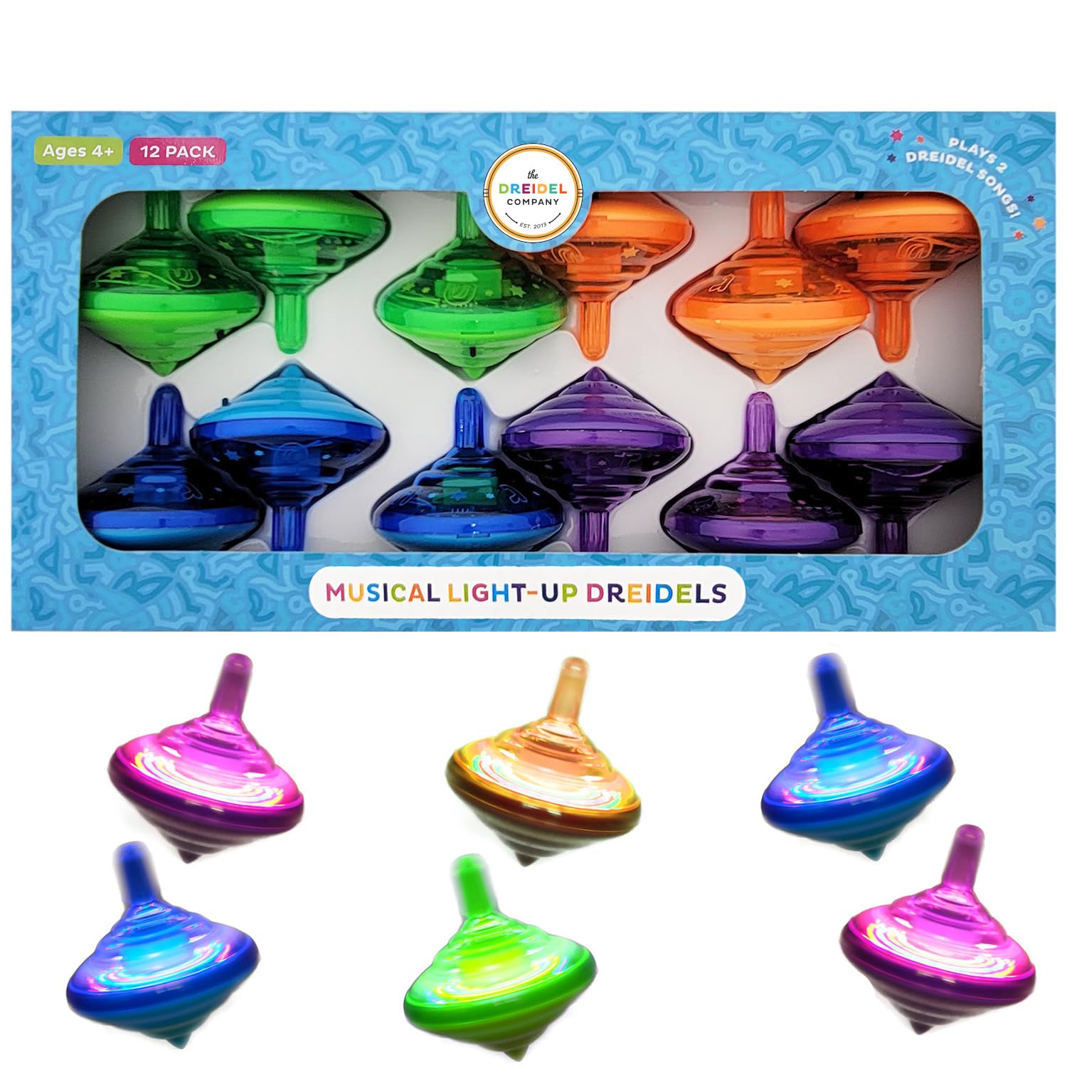 Hanukkah Musical Light-Up Dreidel Spinning Tops Set, Plays 2 Classic Hanukkah Songs, Assorted Colors (12-Pack)