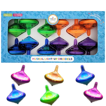 Hanukkah Musical Light-Up Dreidel Spinning Tops Set, Plays 2 Classic Hanukkah Songs, Assorted Colors (12-Pack)