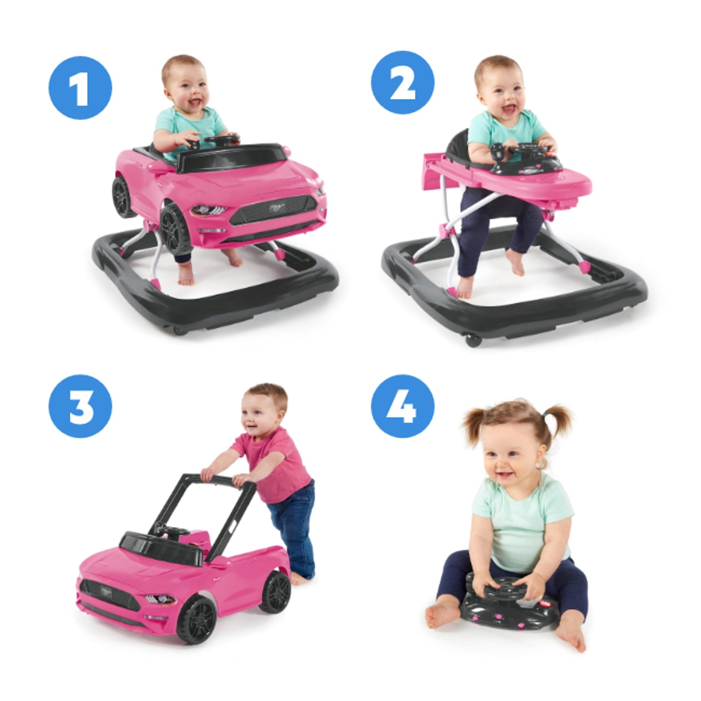 Bright Starts Ford Mustang 4-In-1 Pink Baby Activity Center & Push Walker With Removable Interactive Steering Wheel -Toy, 6 Mont