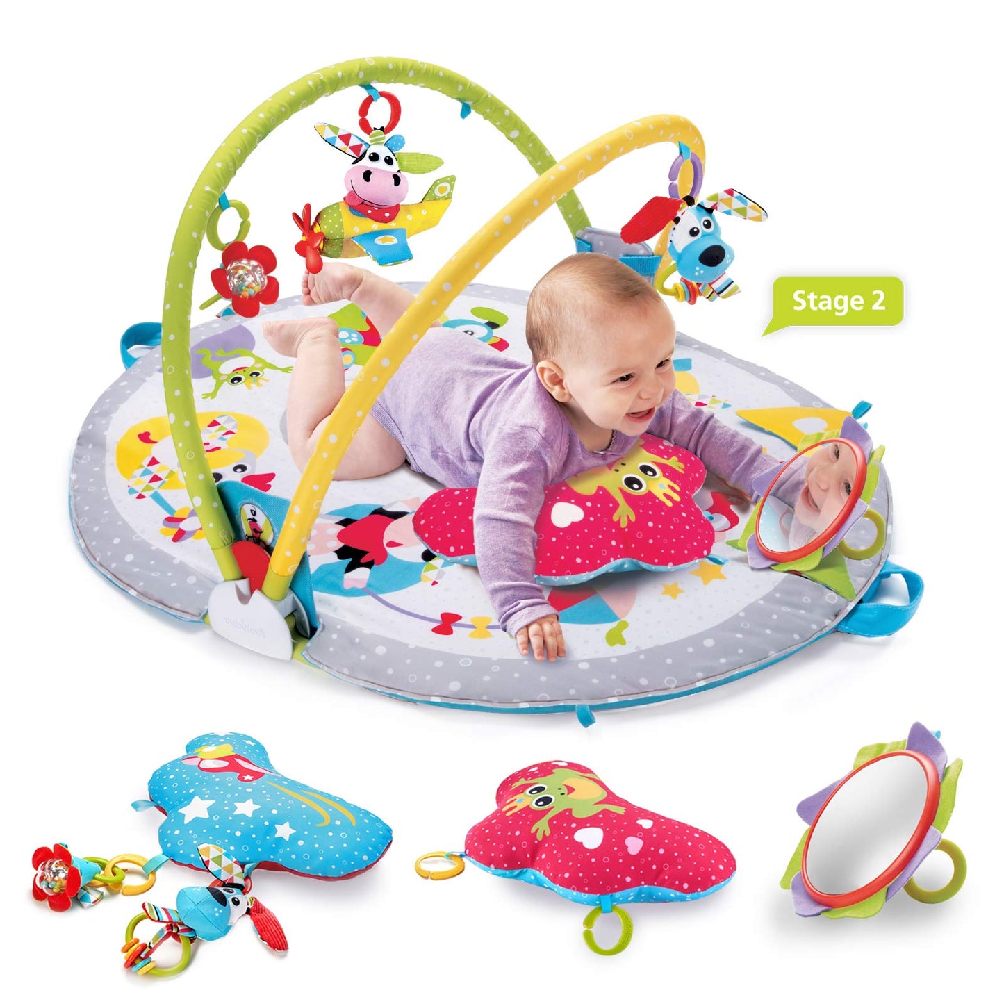 Yookidoo Baby Gym Lay To Sit-Up Playmat. 3-In-1 Newborns Activity Center With Tummy Time Toys, Pillow & Infant Miror. 0-12 Month