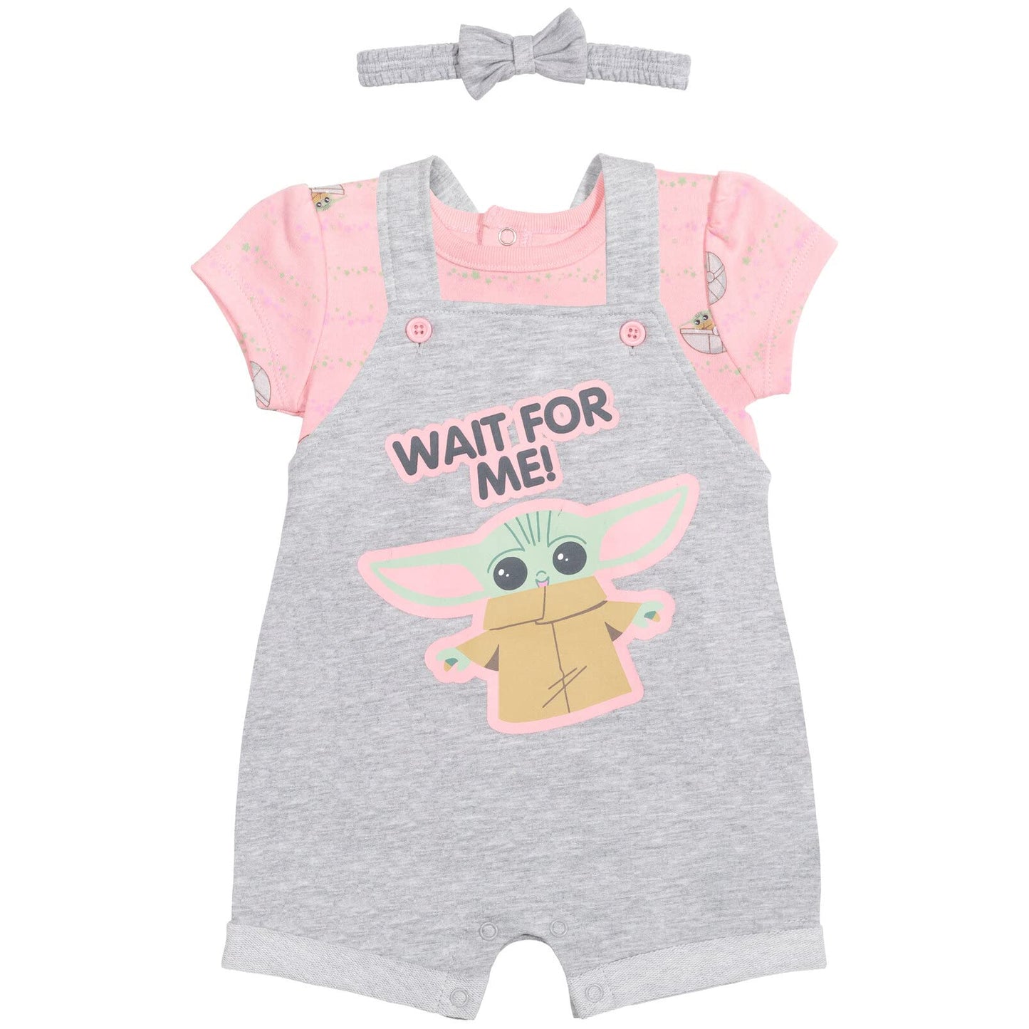 Star Wars The Child Newborn Baby Girls French Terry Snap Short Overalls T-Shirt & Headband 3 Pcs Set Light Gray 3-6 Months